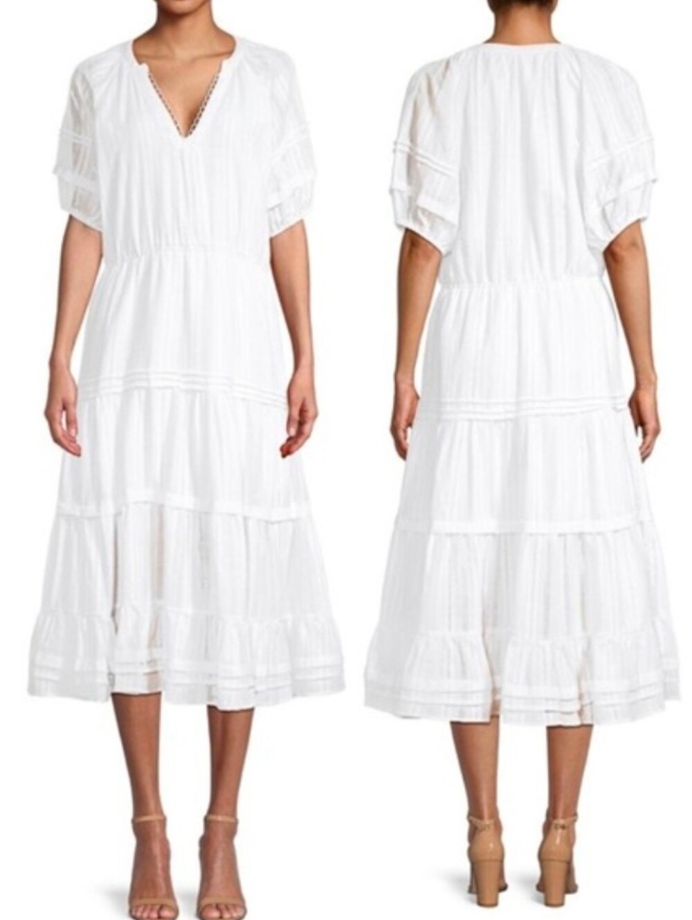 BETSEY JOHNSON White Spectator Tiered Cotton Cottagecore Puff Sleeve Midi Dress